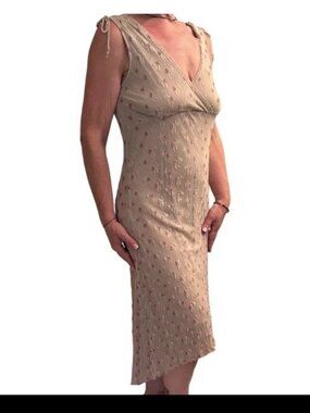 Vintage 90s/Y2K Asymmetrical High-Low 2-Layer Mesh Midi Dress Beige Floral Small